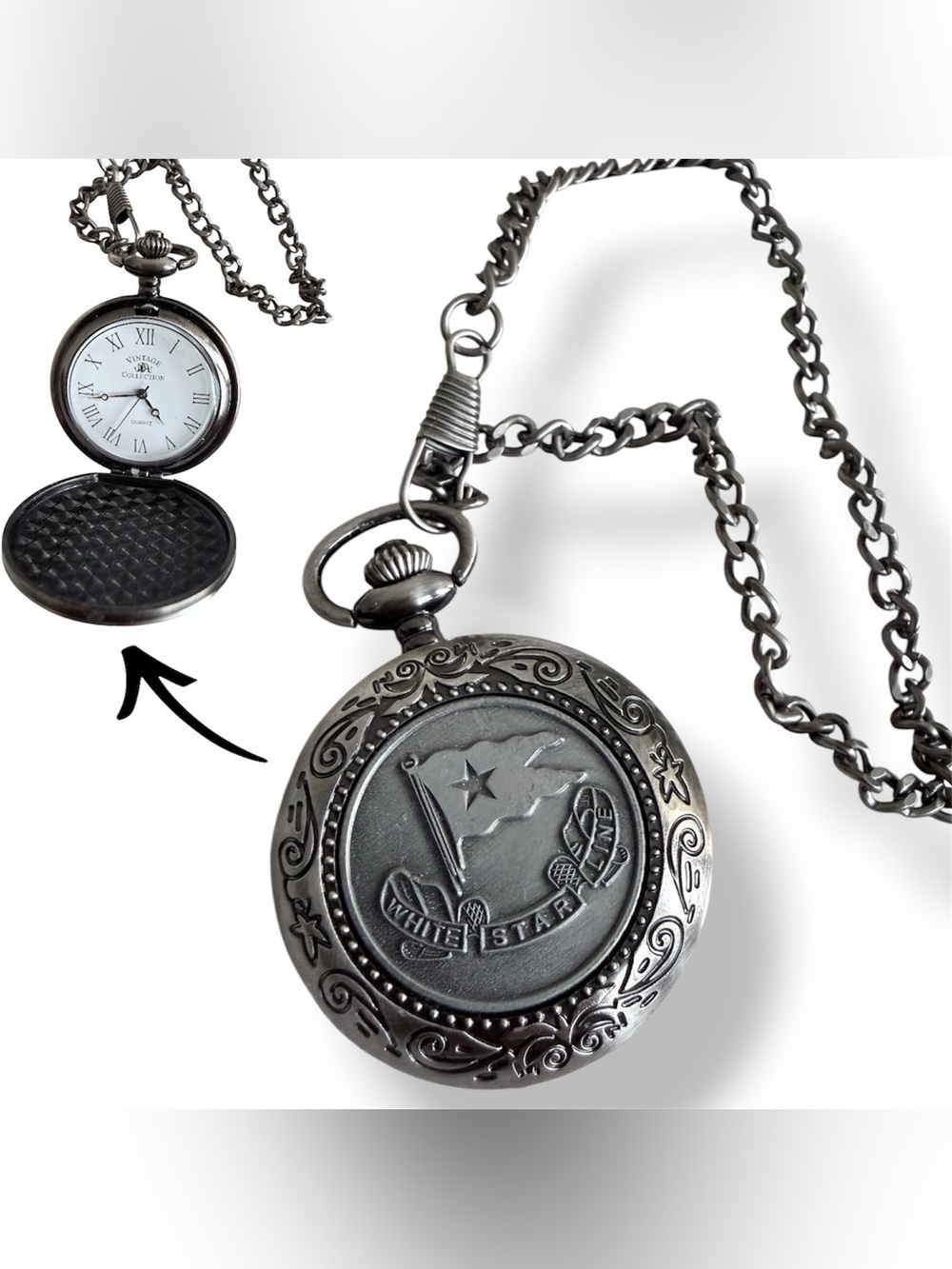 Vintage Style Quartz Pocket Watch Necklace Chain White Star Line Design